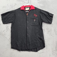VTG 1950s King Louie Rayon Bowling Shirt Chainstitch Black Red Rite Roll Ray S