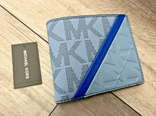 NWT MICHAEL KORS Cooper Mens Bifold Wallet Blue Chambray Spellout Logo All over