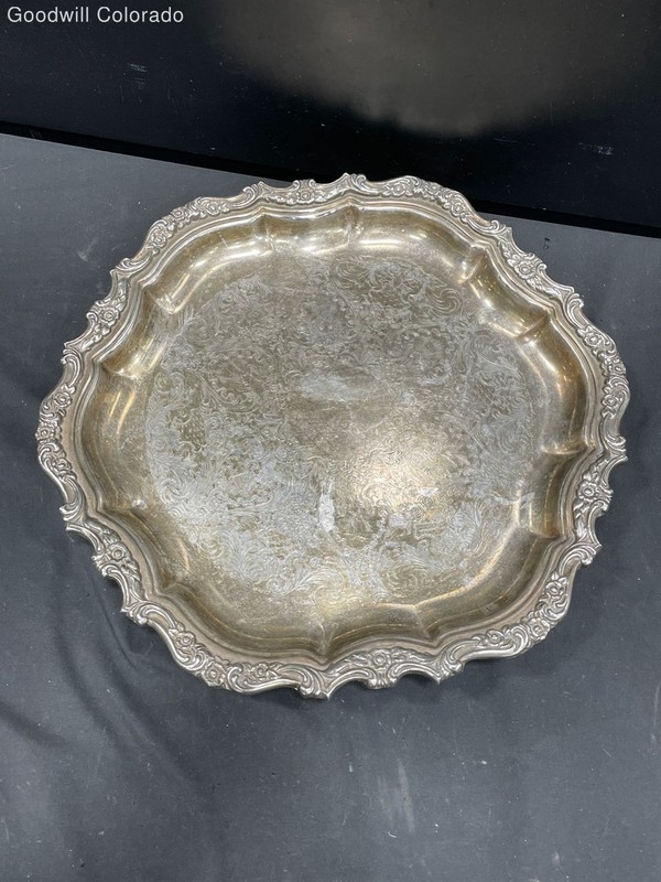 Silver Tone Ornate Footed Tray Scalloped Edge Engraved Serving Plate