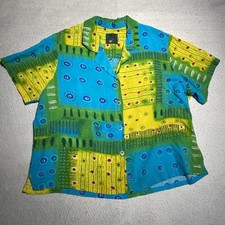 Vintage Jams World Hawaiian Shirt L Blue  Green Crushed Rayon Mixed Print RARE