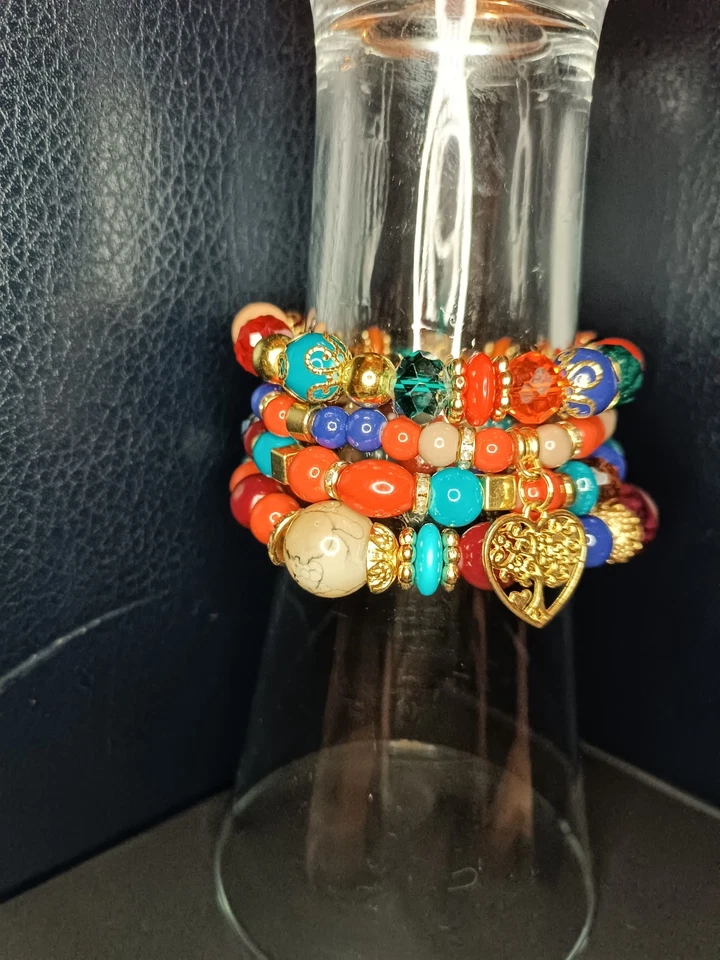 4fach- Perlen Stretch Armband mit Herz rot/blau/orange  - Bild 3 von 4