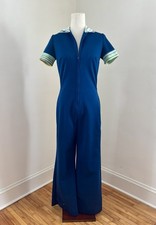 1970s Navy Wide Leg Zip Front Hooded Jumpsuit Size S Small Vintage