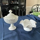 Vintage Fenton Hobnail Milk Glass Lot Covered Candy Dush, Ruffled Comport White