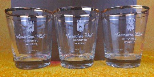 Set Of 3 Canadian Club Whisky Low Ball Gold Rim Rock Glasses - 4.25” Tall