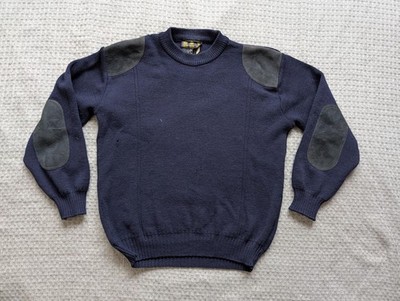 Barbour Sweater Mens Medium Blue Wool Suede Shoulder Elbow Patches Made England