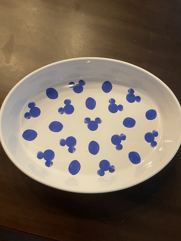 Disney Mickey Mouse Oval Serving Platter Dish White w/ Blue Icon Dots Print
