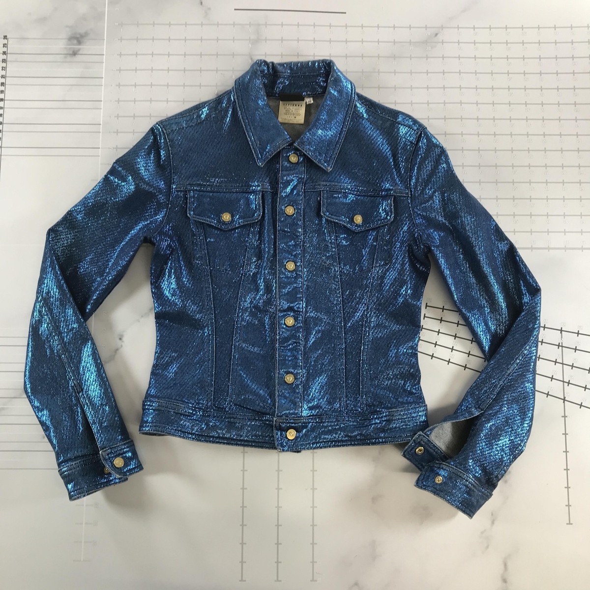 Vintage Versace Jeans Couture Jacket Womens M Blue Metallic Denim