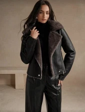 Vintage Inspired Black Shearling Leather Jacket Women’s Winter Moto Coat