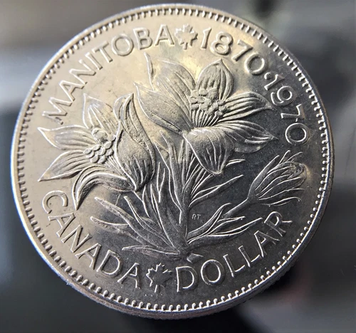1970, Canada, 1 Dollar Coin, Queen Elizabeth II, Manitoba 1870-1970 Centennial
