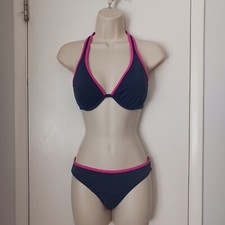 Victoria s Secret Bikini Set 34D Halter Top XS Bottom Navy/Pink Swimwear New