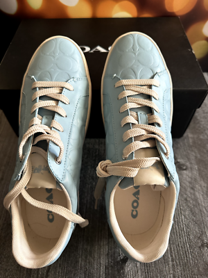 Coach Women,s Clip Sneaker Signature Leather Casual Low Blue Size