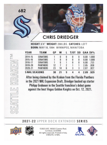 2021-22 Upper Deck #682 Chris Driedger - Picture 2 of 2