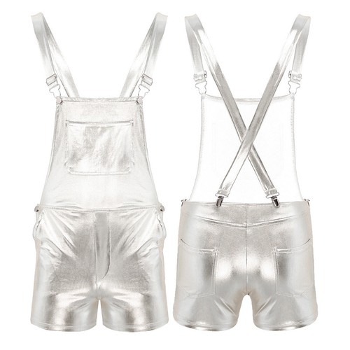 UK Men's Metallic Leather Bib Overall Shorts Casual Jumpsuit Walkshort Romper - Picture 6 of 28
