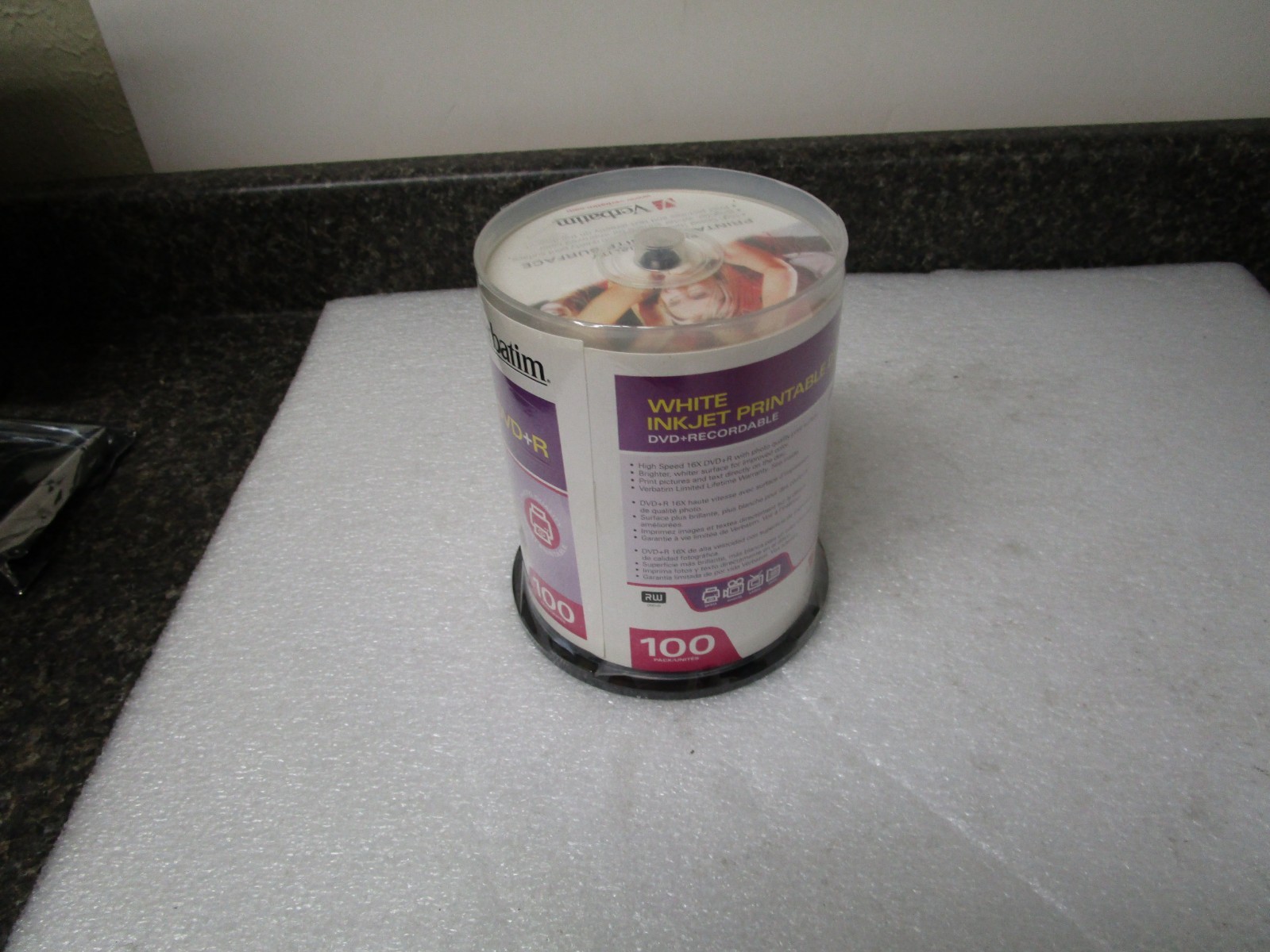 Verbatim DVD+R 100 Pack Discs 16x White Inkjet Printable Factory Sealed