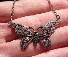 AHM Designer Sterling Silver Marcasite Studded Butterfly Pendant Necklace 925