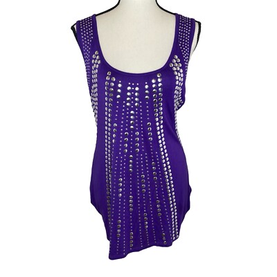 Cache Womens Small Top Purple Silver Studded Sleeveless Stretch USA Keyhole Back