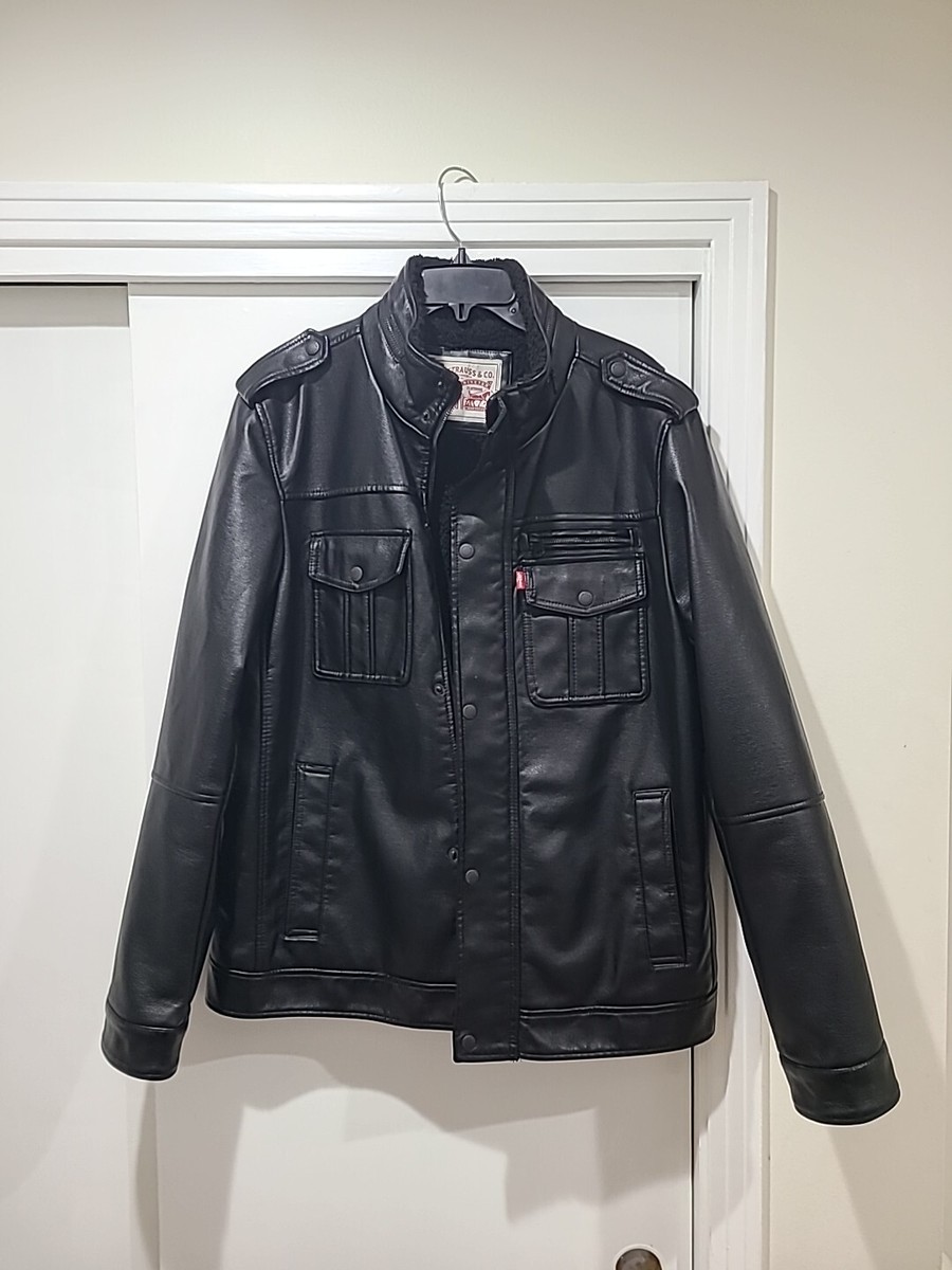 Levis Mens Vintage Black Faux Leather Black Sherpa Lined Trucker