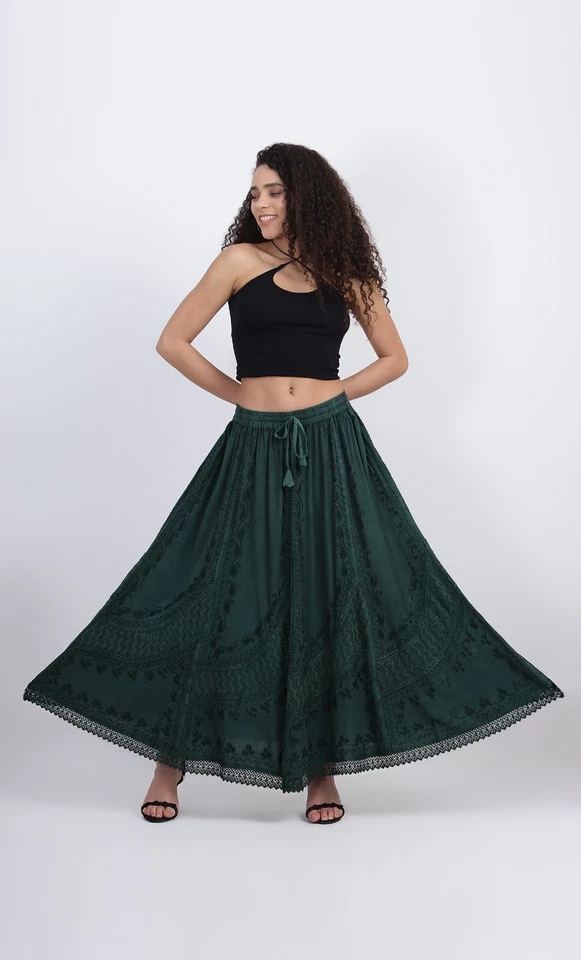 Boho Maxi Skirt Embroidered Flare Viscose Net UK Size 8 10 12 14 16 18 20 22 24  - Image 2 of 4