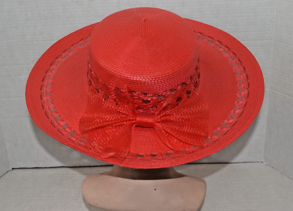 Sombrero de sol vintage Liz Claiborne 1992 brillante rojo cereza detalle encaje cinta de tul Foto 3 de 4