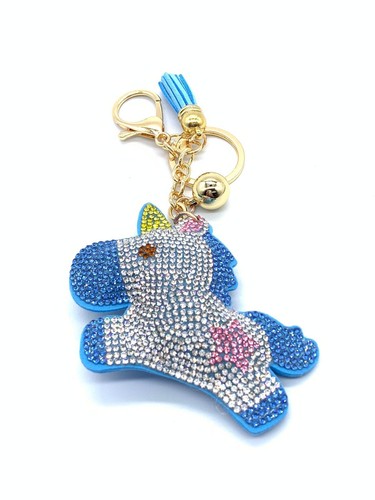 Bling Unicorn Diamond Women Keychain Glitter Blue Tassel Charm Accessory - 第 1/8 張圖片