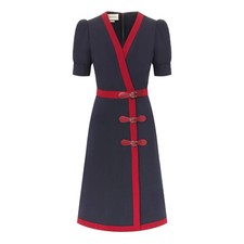 GUCCI 598884 XJB8L Red Trim Dress Horseshoe Buckle Stretch Jersey Navy it42 S M