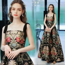 Gorgeous Black Flowers Printed spaghetti strap Long Dresses Party Prom Gown