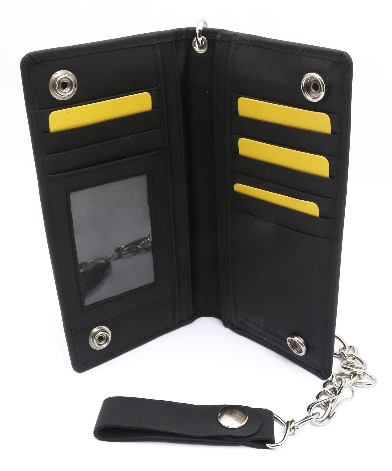 Men's Black Genuine Leather Bifold Checkbook Holder Wallet With Removable Chain