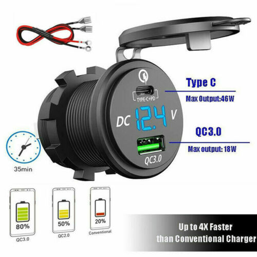 QC 3.0+PD Dual USB Socket Charger+LED Voltmeter 12V Power Outlet for Car Boat RV - Picture 1 of 9