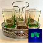 Vintage Shot Glass Set w/ Caddy – 3 Uranium Glow + 3 Pink – Depression Era READ