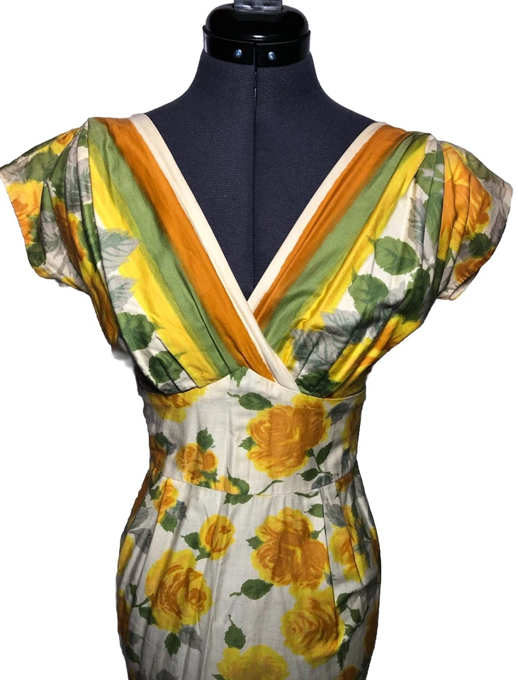 Vestido Hawaiano Togs Vintage Años 50 Estampado Rosa Amarillo Funda Algodón 34-26-36 Foto 2 de 4