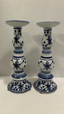 Blue White Porcelain Candlestick Holders Chinoiserie 9 Inch vintage