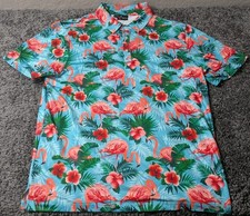 YATTA GOLF Polo Shirt Men's L Blue Flamingo Pattern Short Sleeve