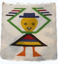 Vintage MCM 1960s Ecuadorian Wool Tapestry Art Geometric Character Design 15"