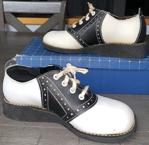 C8 1960s KINNEY SADDLE SHOES BLACK WHITE LEATHER WOMENS SZ 6 SOCK HOP HAPPY DAYS