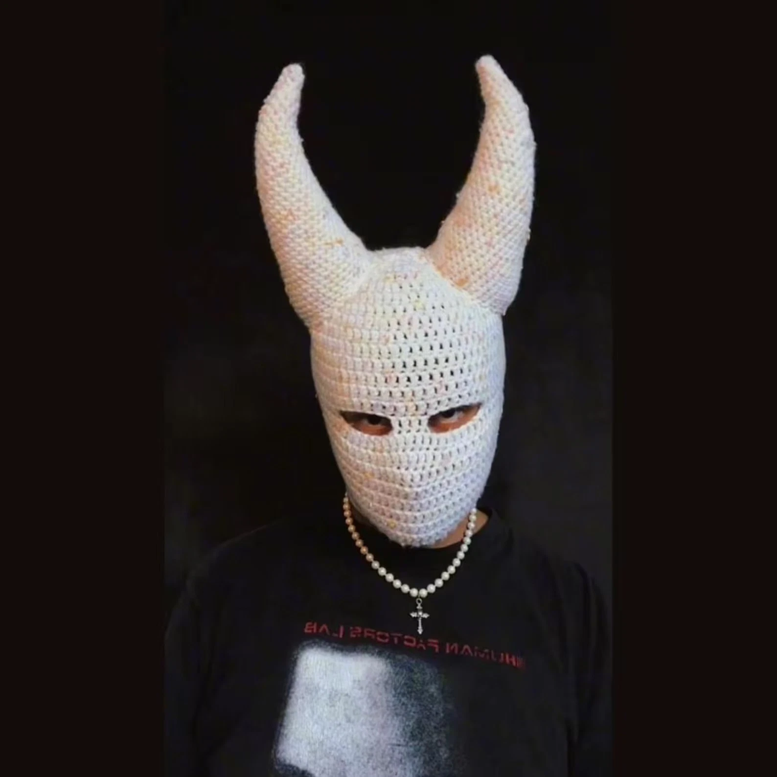 Handmade Crochet Horned Balaclava: Gothic Devil Mask