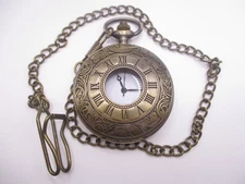 brass-tone analog repousse pocket watch with chain 13" NOT WORKING 0280