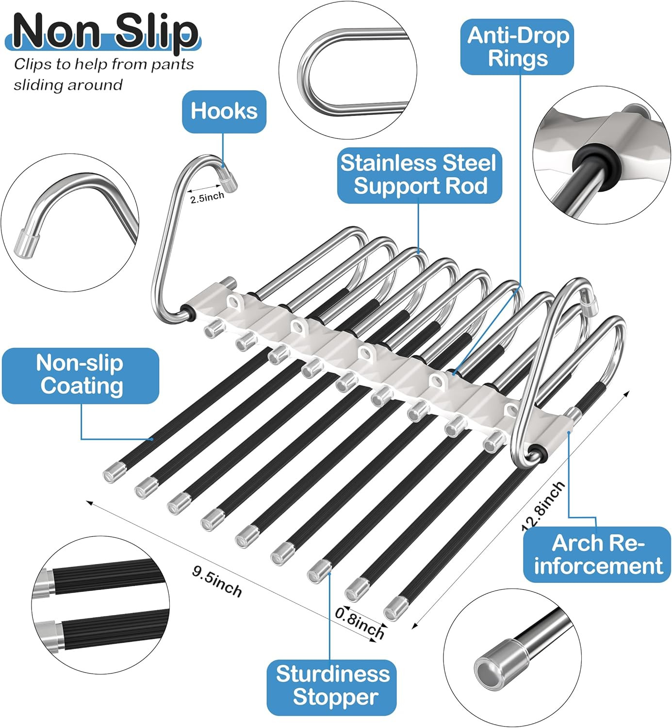 9 Layers Pants Hangers Space Saving, 2 Pack Multifunctional Pant Rack Stainless