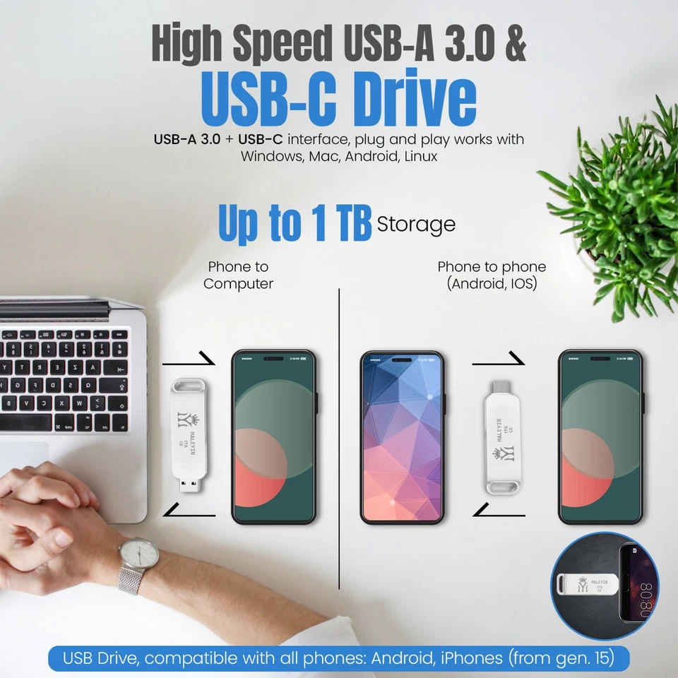 Chiavetta USB Maleyin 2in1 USB-C USB-A 3.0 memoria 32 256 512 GB - Image 3 of 4