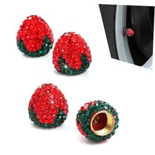 4PCS Strawberry Car Tire Valve Stem Caps, Cute Bling Rhinestone Tire Valve Red