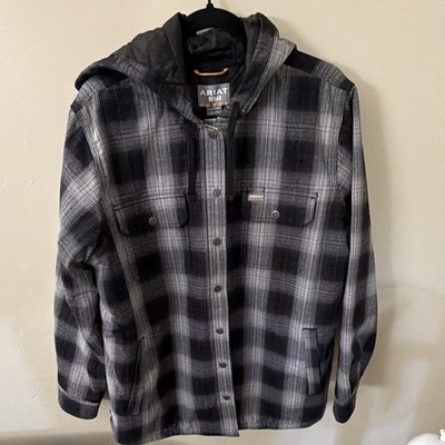 Ariat Rebar Women's Flannel Hooded Quilted Lined Plaid Shirt Jacket XL Black