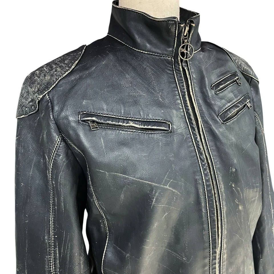 Jaqueta bombardeiro PUMA couro genuíno Y2K arquivamento preta desgastada tamanho XL - Imagem 4 de 4