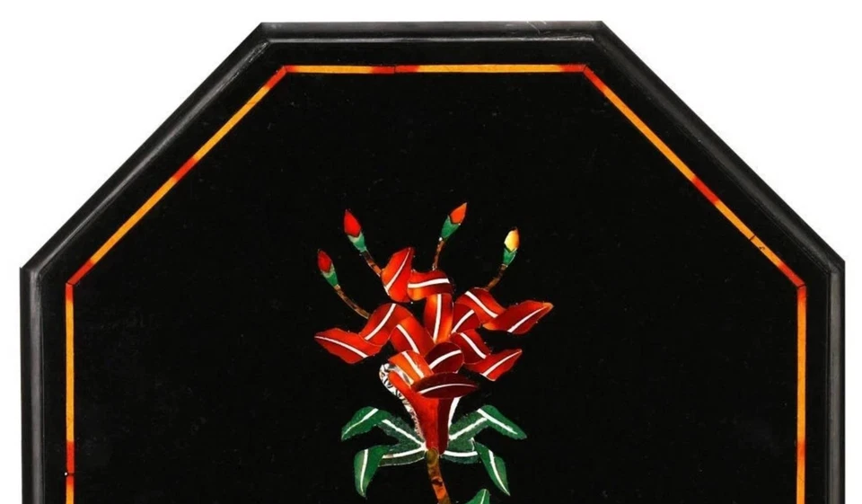 15" Octagonal Black Floral Marble Table with Inlay – Handmade Geometric Art - Image 3 of 4