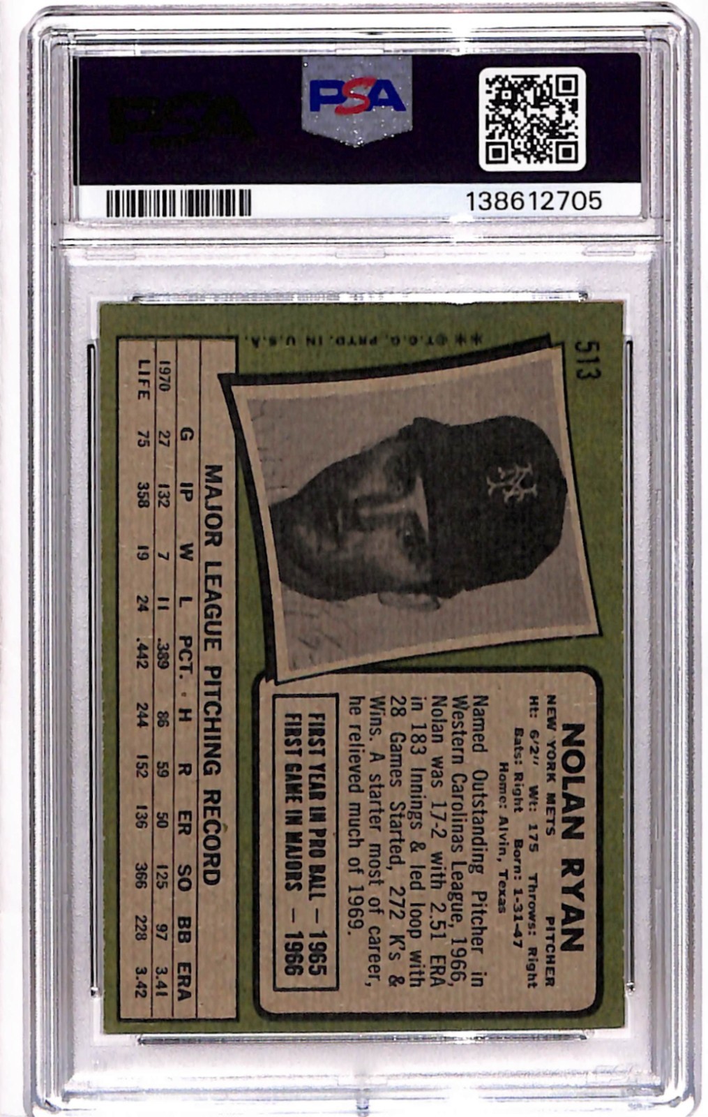 1971 Topps Nolan Ryan #513 PSA 6  view 2