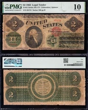 Nice RARE VG+ graded 1862 $2 "GREENBACK" US Legal Tender Note! PMG 10! 63174