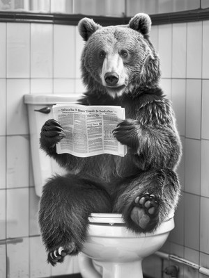 Komischer Bär auf Toilette mit Zeitung - Skurriles Badezimmer Wandbild A1-A4 Poster Ar
