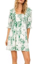 GANNI Pleated Georgette Ruffle Mini Dress Size 36 Small Shirred Green Floral NWT