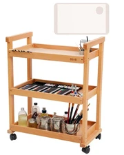 Wooden Rolling Cart, 3-Tier Utility Art Cart with Silicone Pad & Caster Wheel...