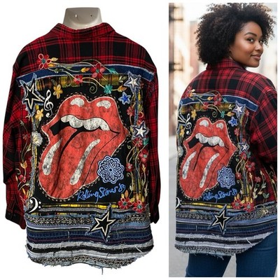 Upcycled Flannel Shirt Shacket Womens 3X Lips Stones Custom Grunge Rocker Skater