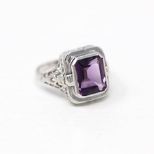 3,24 Karat Natürlicher Amethyst Edelstein Vintage 10K Weißgold Filigranring T639