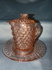 Liberty Works Pink American Pioneer 5" Syrup Pitcher w/Lid and plate from 1930’s